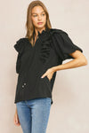 Solid Bubble Sleeve Top Featuring ruffle detail at shoulders and neckline - 2 Colors