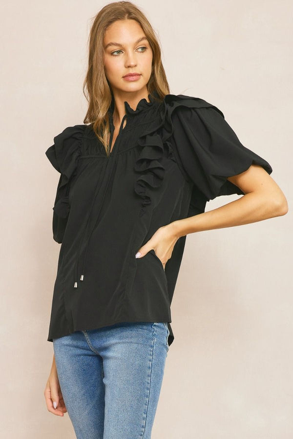 Solid Bubble Sleeve Top Featuring ruffle detail at shoulders and neckline - 2 Colors