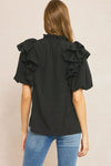 Solid Bubble Sleeve Top Featuring ruffle detail at shoulders and neckline - 2 Colors