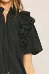 Solid Bubble Sleeve Top Featuring ruffle detail at shoulders and neckline - 2 Colors