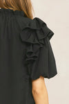 Solid Bubble Sleeve Top Featuring ruffle detail at shoulders and neckline - 2 Colors