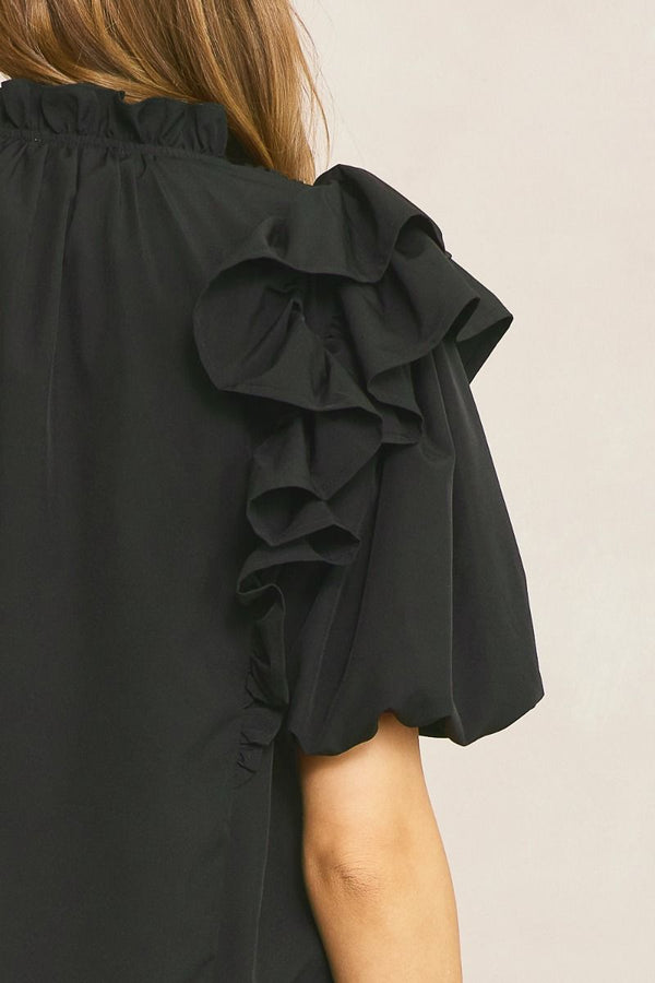 Solid Bubble Sleeve Top Featuring ruffle detail at shoulders and neckline - 2 Colors