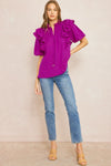 Solid Bubble Sleeve Top Featuring ruffle detail at shoulders and neckline - 2 Colors