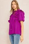 Solid Bubble Sleeve Top Featuring ruffle detail at shoulders and neckline - 2 Colors