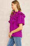 Solid Bubble Sleeve Top Featuring ruffle detail at shoulders and neckline - 2 Colors