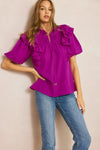 Solid Bubble Sleeve Top Featuring ruffle detail at shoulders and neckline - 2 Colors