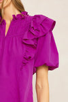 Solid Bubble Sleeve Top Featuring ruffle detail at shoulders and neckline - 2 Colors