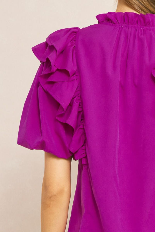 Solid Bubble Sleeve Top Featuring ruffle detail at shoulders and neckline - 2 Colors