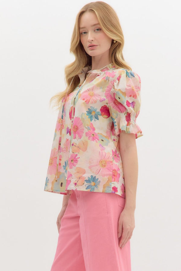SALE Entro Floral print Smocked Short Sleeve pullover top