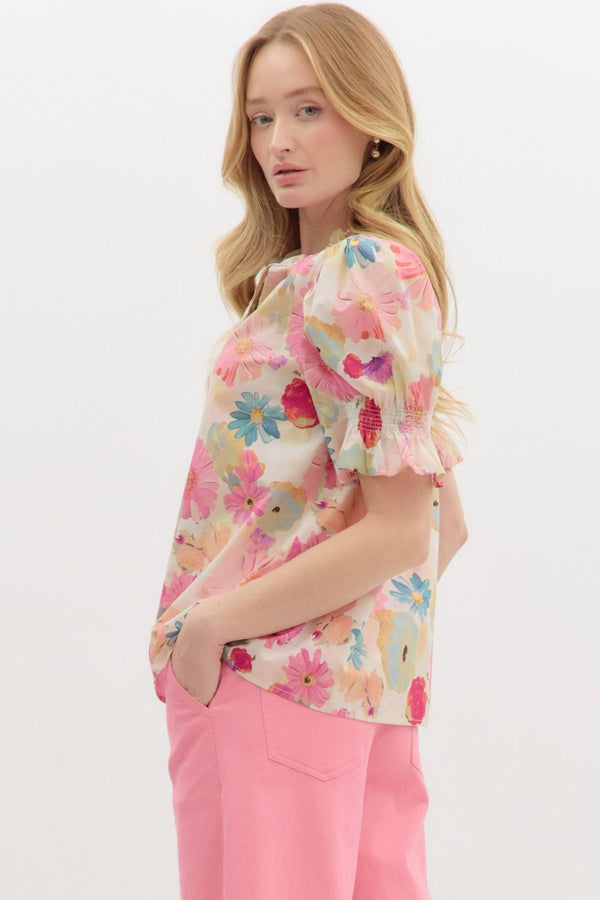 SALE Entro Floral print Smocked Short Sleeve pullover top
