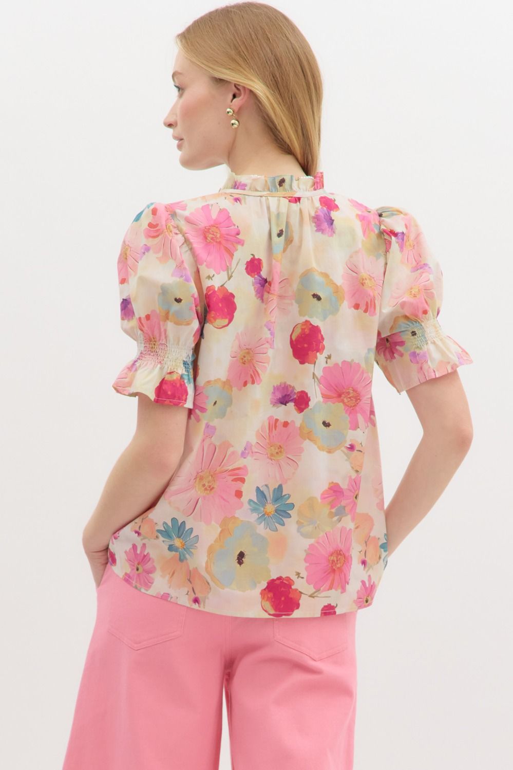 SALE Entro Floral print Smocked Short Sleeve pullover top