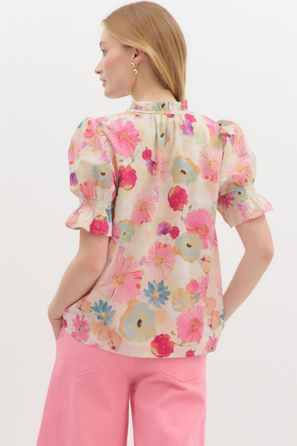 SALE Entro Floral print Smocked Short Sleeve pullover top