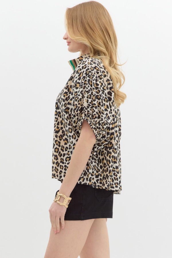 Entro Leopard Print High neck elasticated sleeve dolman top