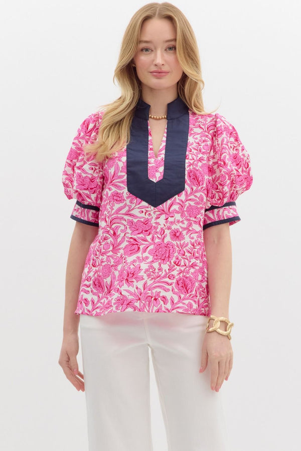 SALE Entro Floral Print Short puff sleeve top.