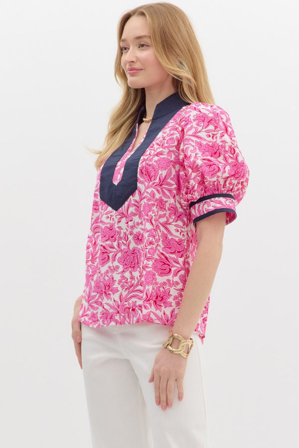 SALE Entro Floral Print Short puff sleeve top.