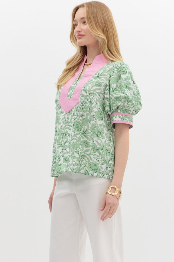 SALE Entro Floral Print Short puff sleeve top.