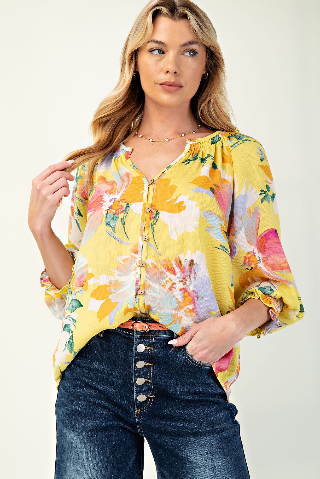 Easel Printed Blink Button Down Woven Blouse