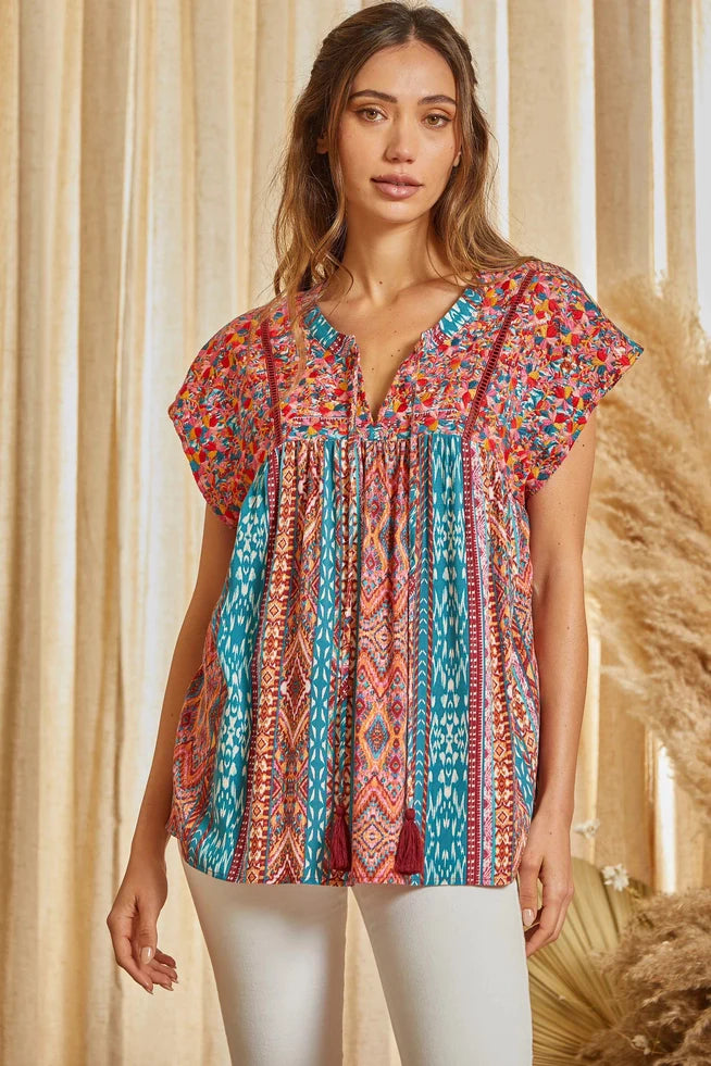 Tassel Detail Print Embroidery Top - Curvy Top