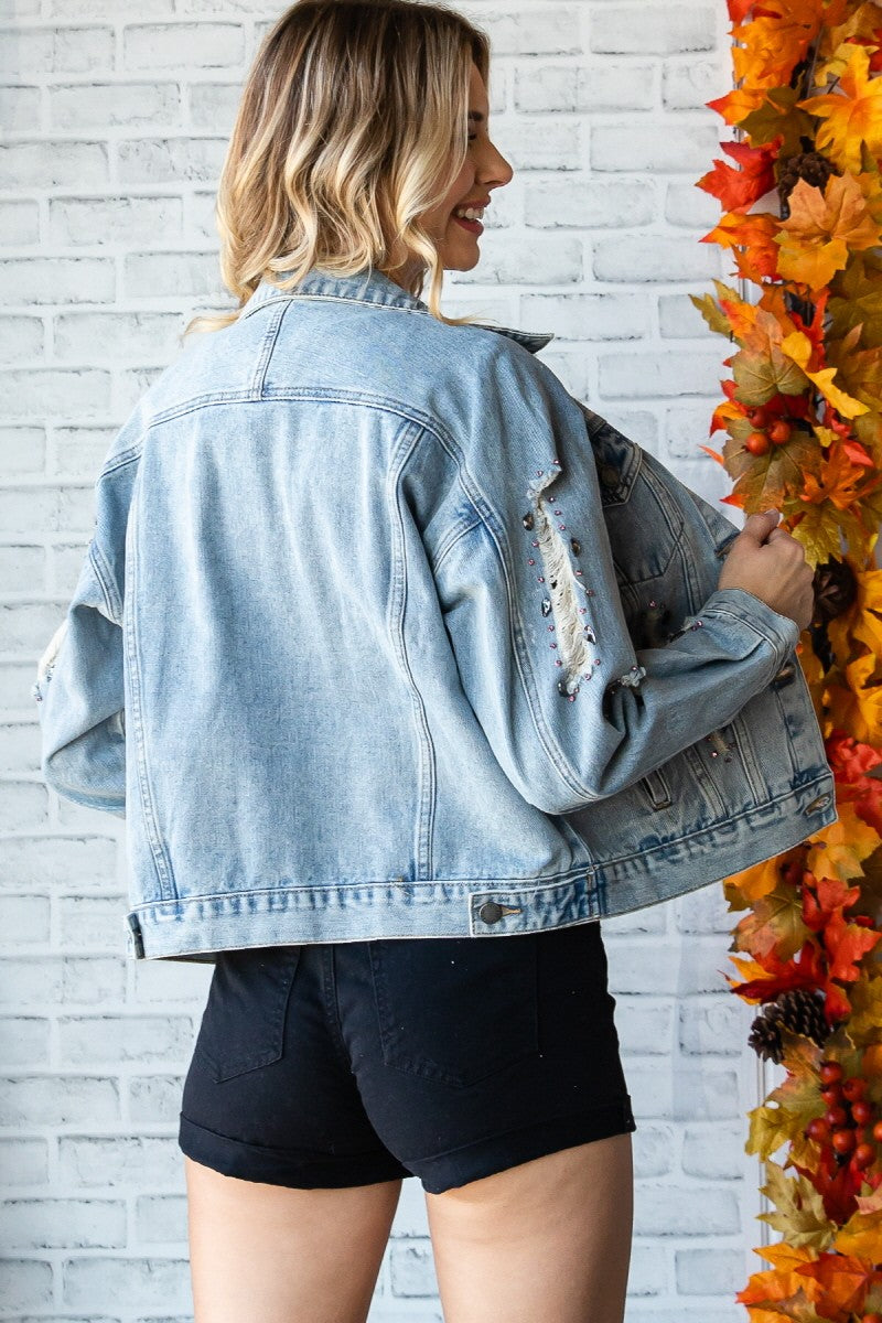 Veveret Rhinestone Distressed Denim Jacket