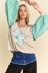 Davi & Dani Floral Patchwork Balloon Sleeve Knit Pullover Top - Curvy Size