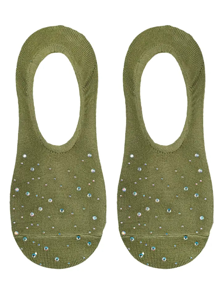 No-Show Liner Socks w/ Crystal Jewel Embellishments - Olive