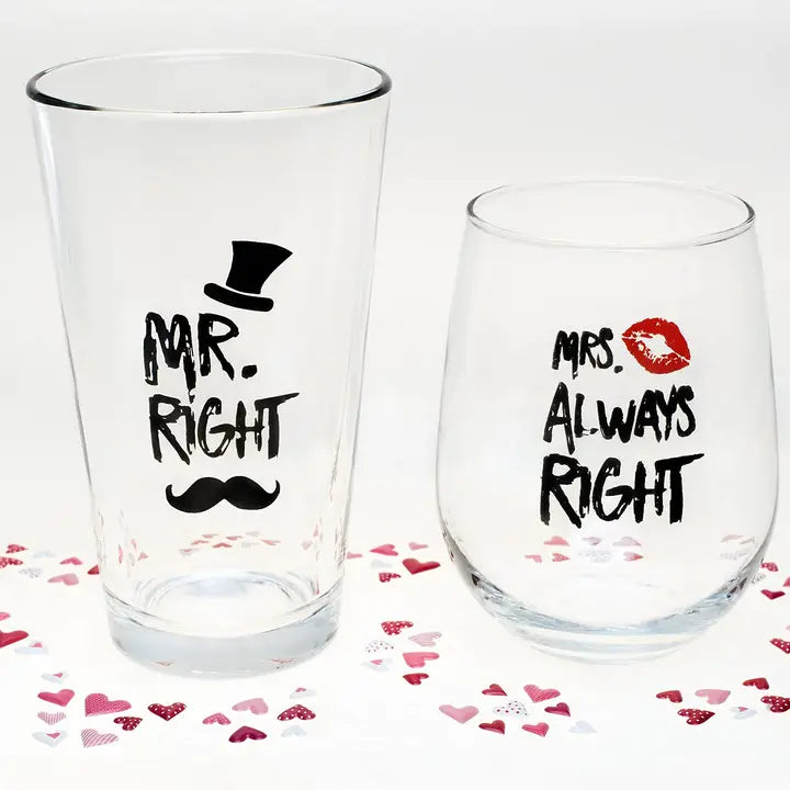 Mr. Right and Mrs. Always Right - Wine & Beer Glass Combo