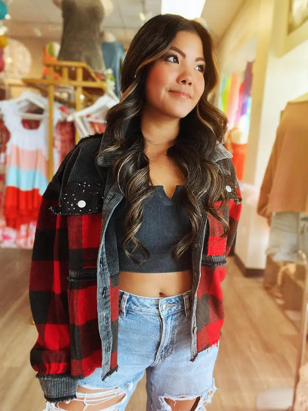 SALE Layla Buffalo Plaid Cord Sequin Acid Wash Shacket