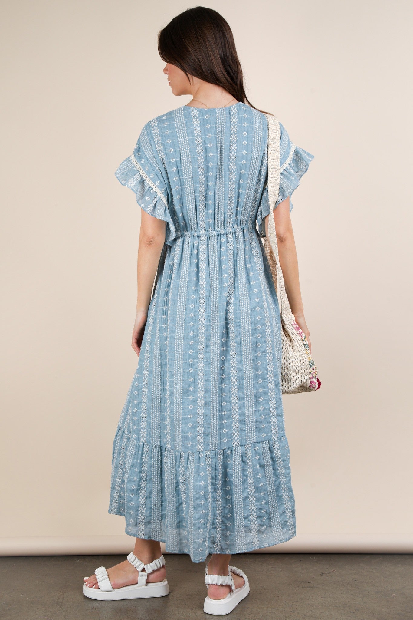 Very J Embroidered Boho Ruffled Midi Dress