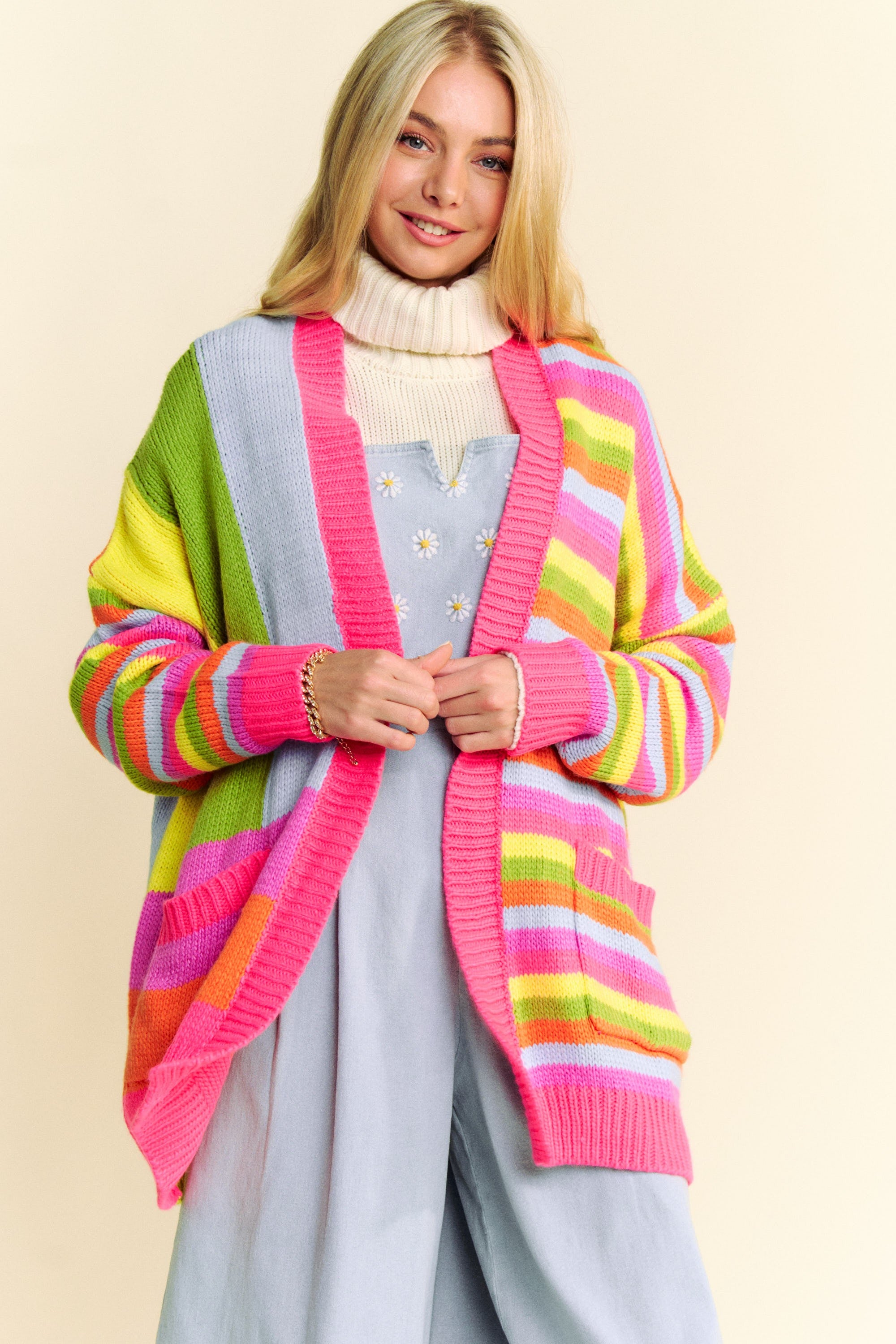 SALE Davi & Dani Multi Striped Pockets Loose Fit Open Cardigan