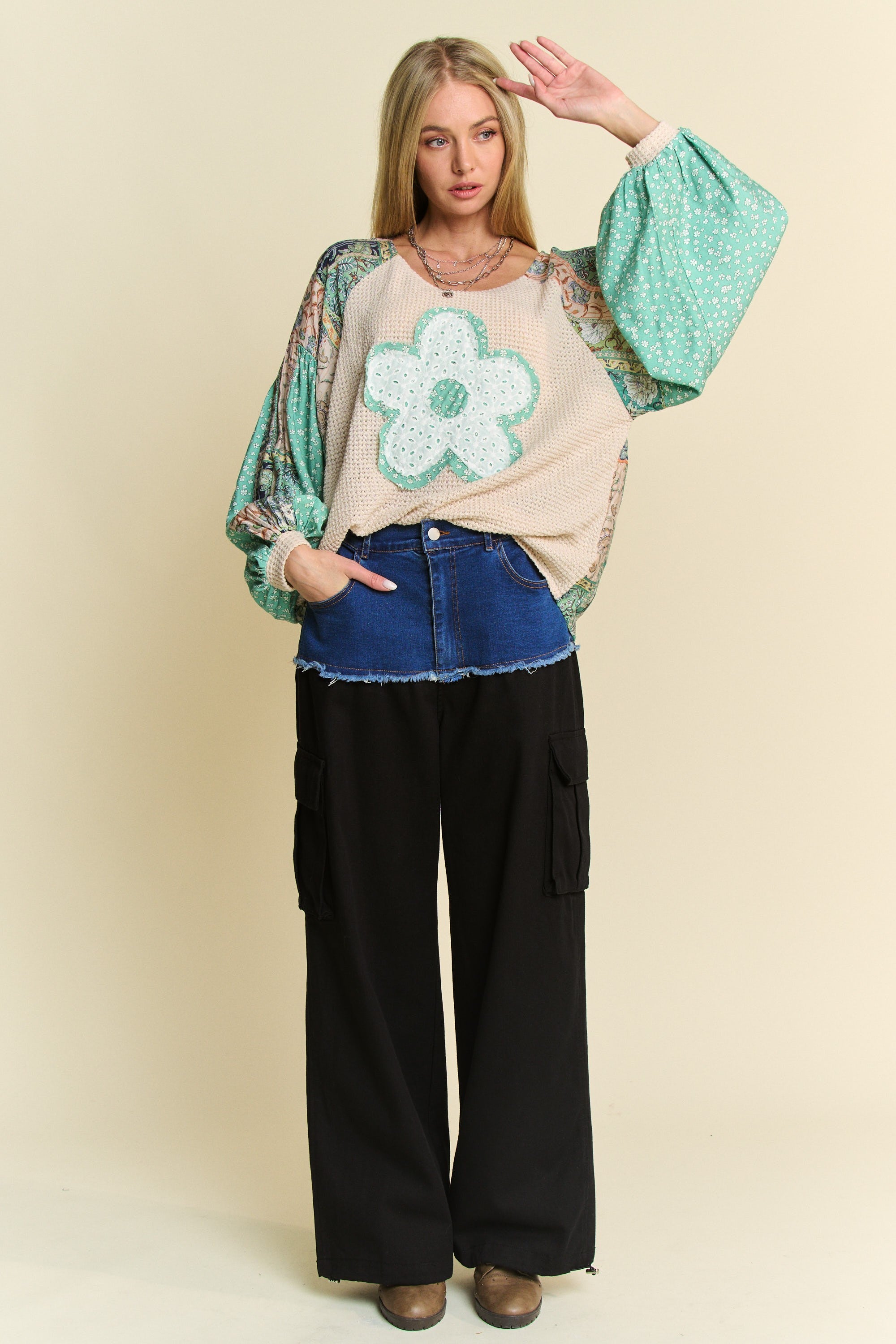 Davi & Dani Floral Patchwork Balloon Sleeve Knit Pullover Top - Curvy Size