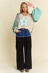 Davi & Dani Floral Patchwork Balloon Sleeve Knit Pullover Top - Curvy Size