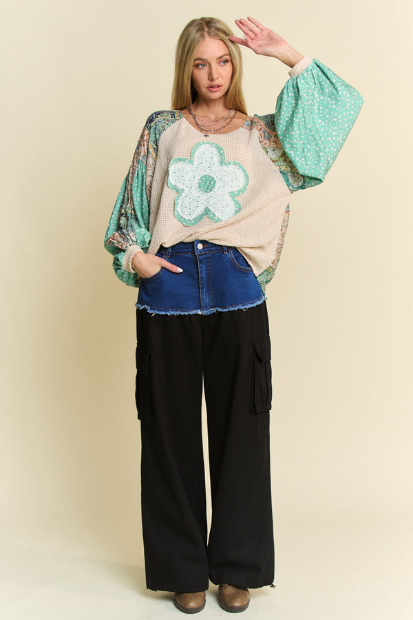 Davi & Dani Floral Patchwork Balloon Sleeve Knit Pullover Top - Curvy Size