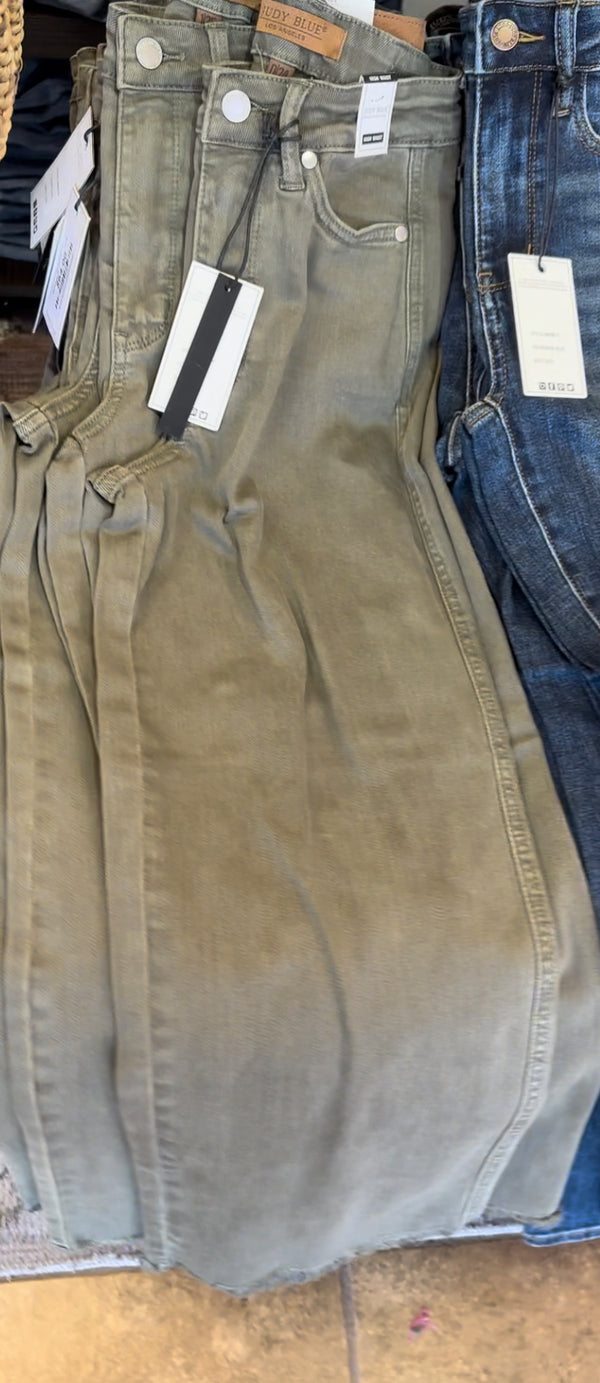 Judy Blue HW OLIVE Control Top Garment Dyed Fray Hem Crop Wide Leg