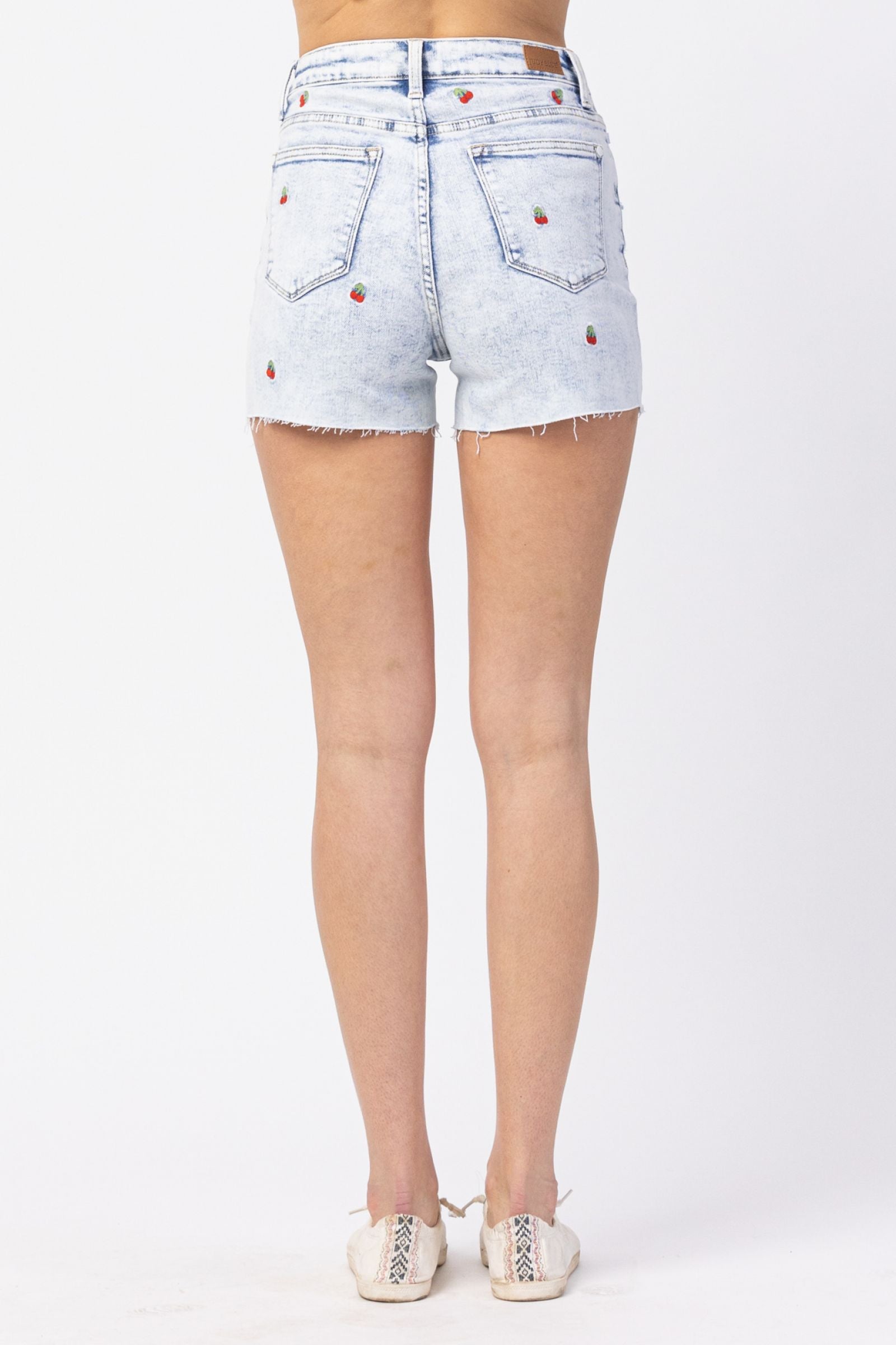 Judy Blue High Waisted Cherry Embroidery Acid Wash Shorts