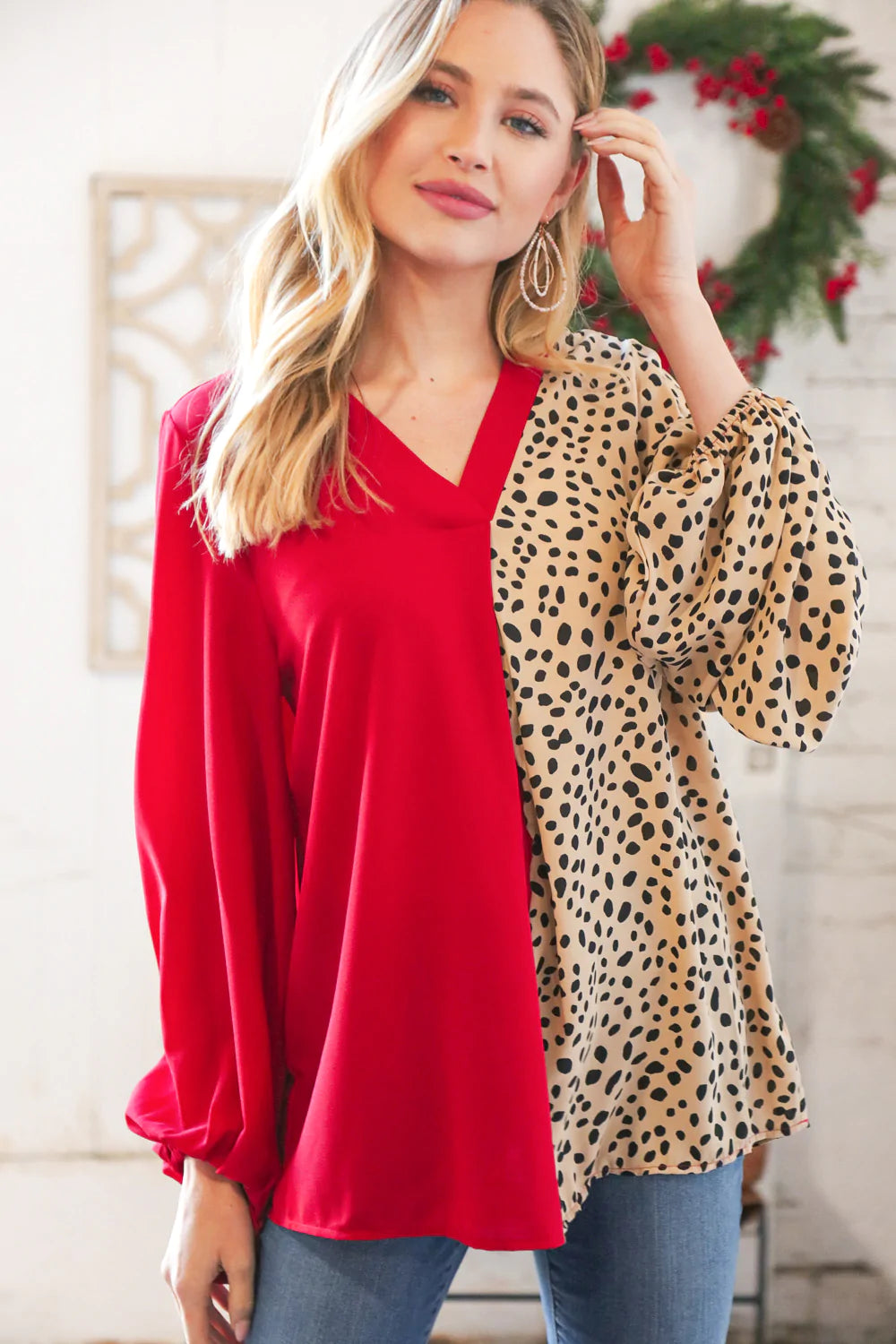 Red & Taupe Leopard Color Block Crepe V neck Top - Curvy Size