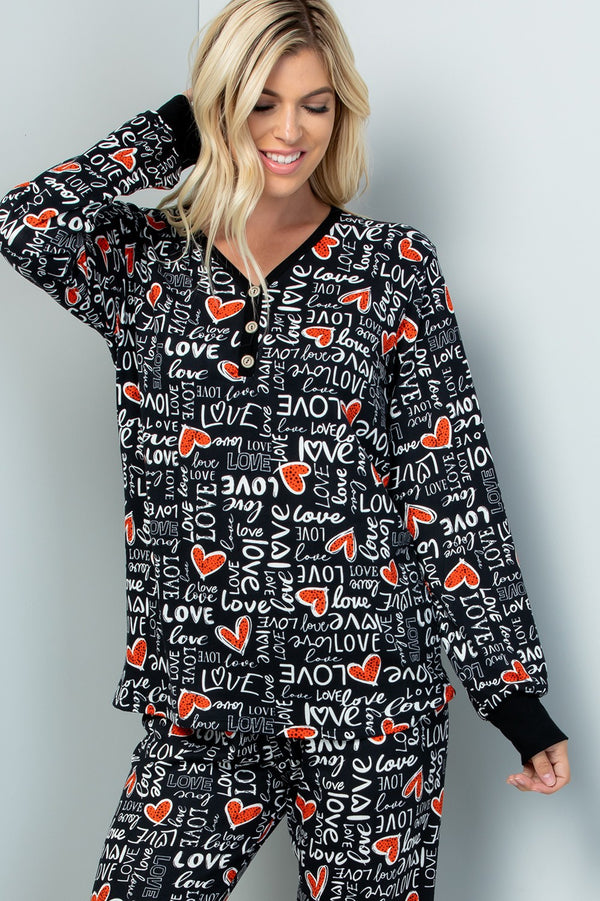 Heart and LOVE print long sleeve button detail top -2 Colors