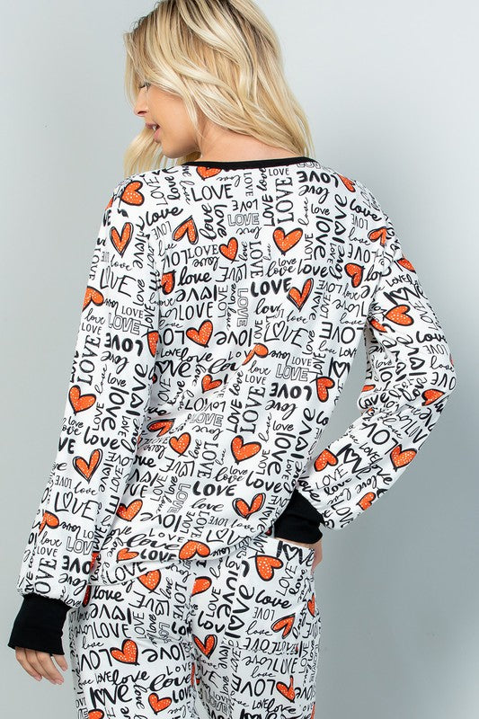 Heart and LOVE print long sleeve button detail top -2 Colors
