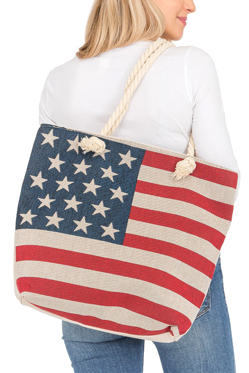 American Flag Print Rope Handle Tote Bag