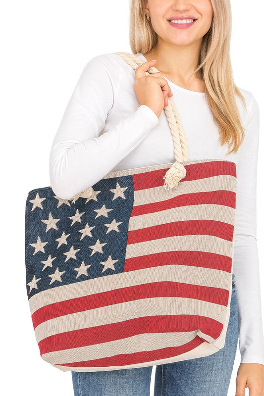 American Flag Print Rope Handle Tote Bag