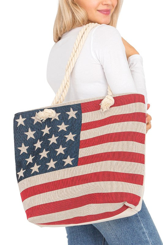American Flag Print Rope Handle Tote Bag