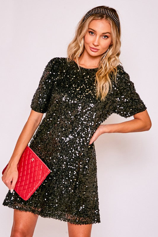 Round Neck Puff Shoulder Sequin Dress
