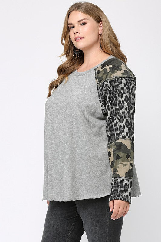 Animal and Camouflage Knit Mixed Top - Curvy Size