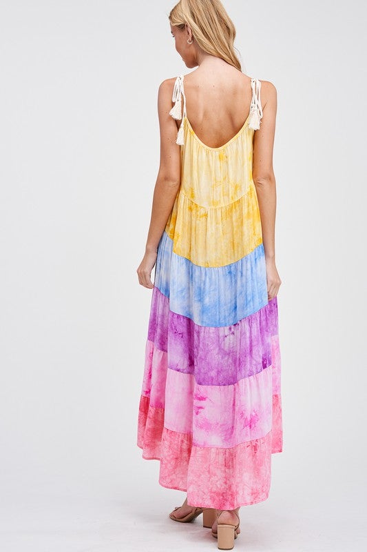XMAS JULY Rainbow Tiered Maxi Dress w/Tassle Straps - Curvy Size