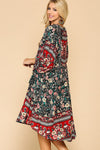 NEW Printed 3/4 Puff Sleeve Tassel Tie Swing Dress