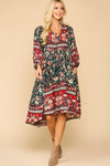 NEW Printed 3/4 Puff Sleeve Tassel Tie Swing Dress