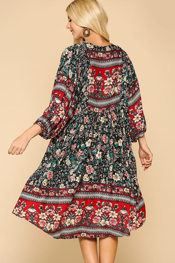 NEW Printed 3/4 Puff Sleeve Tassel Tie Swing Dress