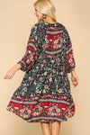 NEW Printed 3/4 Puff Sleeve Tassel Tie Swing Dress