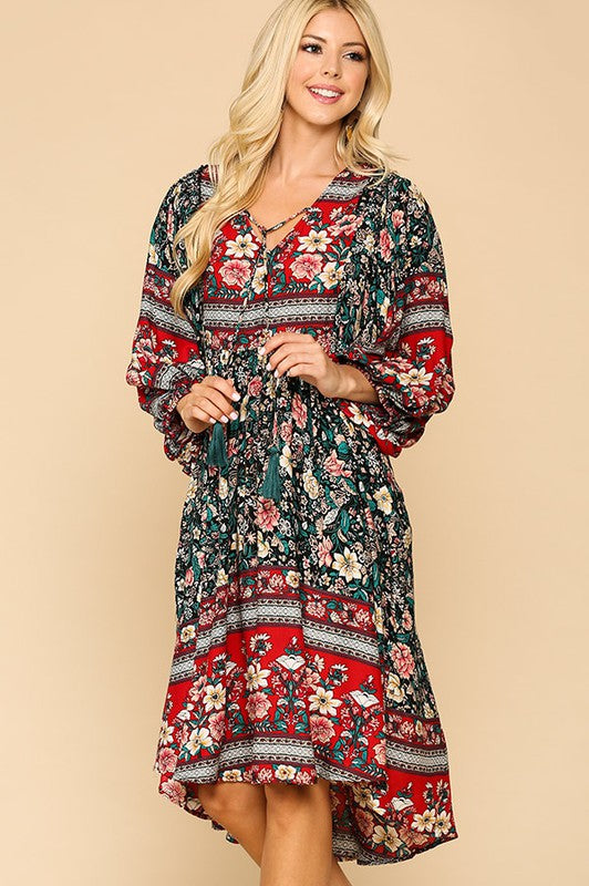 NEW Printed 3/4 Puff Sleeve Tassel Tie Swing Dress
