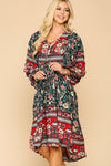 NEW Printed 3/4 Puff Sleeve Tassel Tie Swing Dress