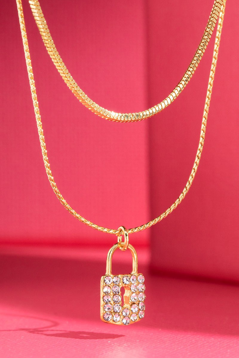 Pave Crystal Pad Locket and Brass Necklace